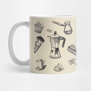 All sorts of things for coffee. Coffee maker, cakes, cup, coffee grinder. Mug